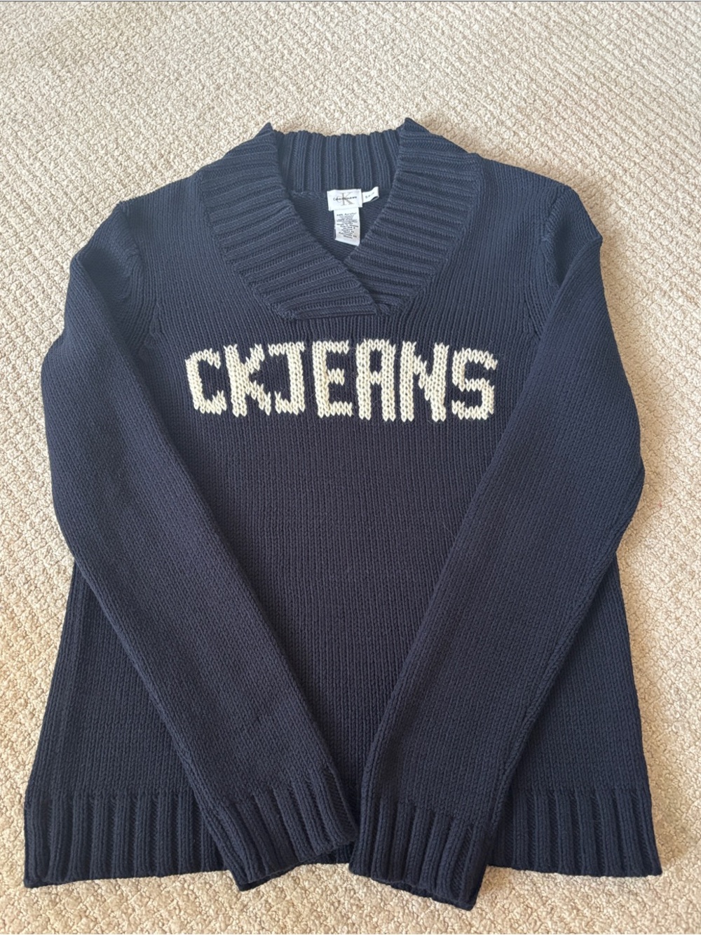 Vintage 1999 Calvin Klein Jeans Navy V-Neck Logo Sweater with Cream Accent